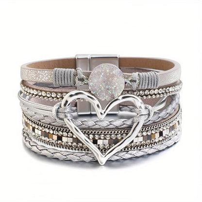 Boho Multi-Layer Braided Faux Leather Cuff Bracelet with Large Open Heart & Glitter Stone Charm for Women - color: Silver Grey, size: One Size