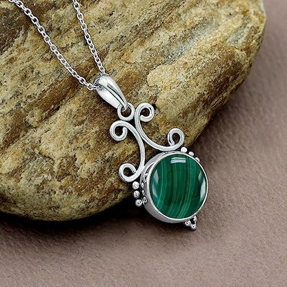 Natural Round Gemstone Pendant Necklace for Women, 925 Sterling Silver | Solitaire Birthstone Jewelry With 18 Inch Chain, Handmade Semi Precious Stone Pendant, Jewelry Gift for Mom, Wife & Sister - color: Malachite