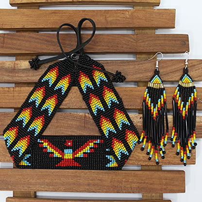 Handmade Beaded Indian Necklace,Inspired by Native American Style Long Necklace Earrings Set,One of a Kind beaded Necklace for Women,Perfect for Occasions, Gifts - color: Multi Color Thunderbird