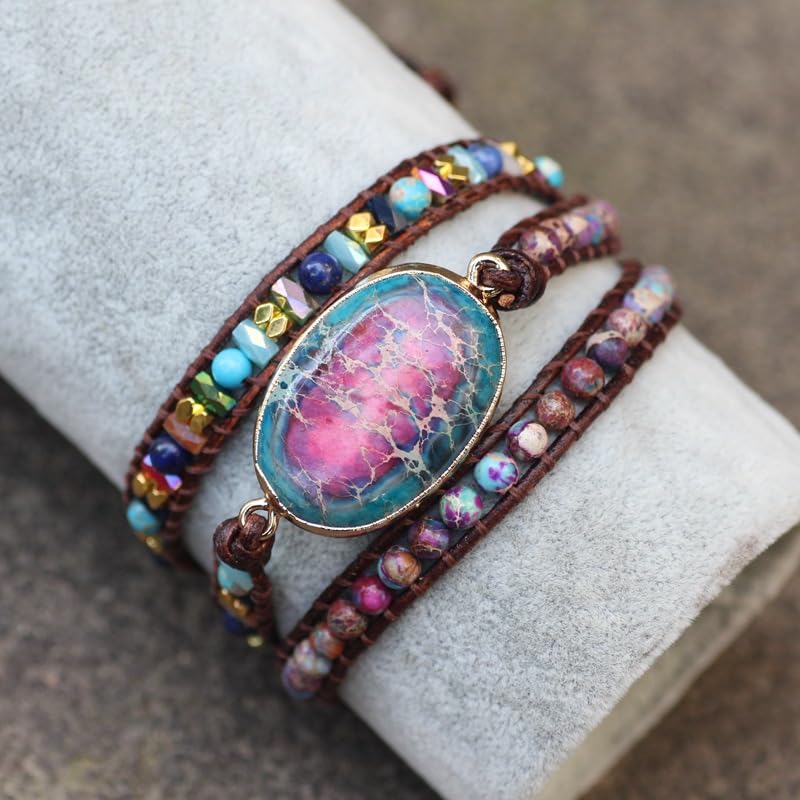Double Color Emperor Stone Multi-layer Woven Leather Wrap Bracelet for Men and Women
