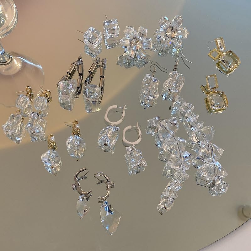 Large Clear Crystal Tassel Earrings for Women, 18K Gold Plated Posts, Geometric Chandelier Acrylic Drop Earrings, Oversized Transparent Cluster Dangles for Wedding, Party, Prom, Statement Jewelry