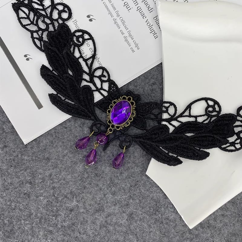 Goth Black Choker Necklace Crystal Bead Pendant Necklace for Women Gothic Velvet Lace Choker Halloween Vampire Witch Cosplay - color: A-Black and Purple