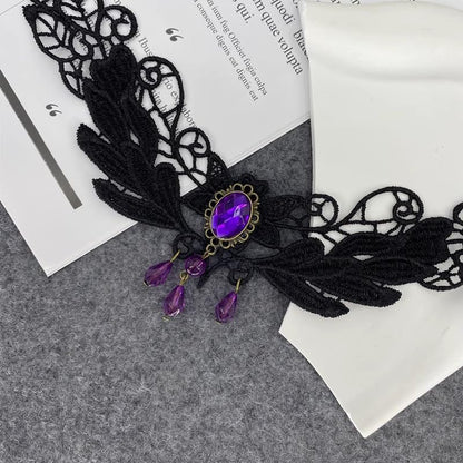 Goth Black Choker Necklace Crystal Bead Pendant Necklace for Women Gothic Velvet Lace Choker Halloween Vampire Witch Cosplay - color: A-Black and Purple