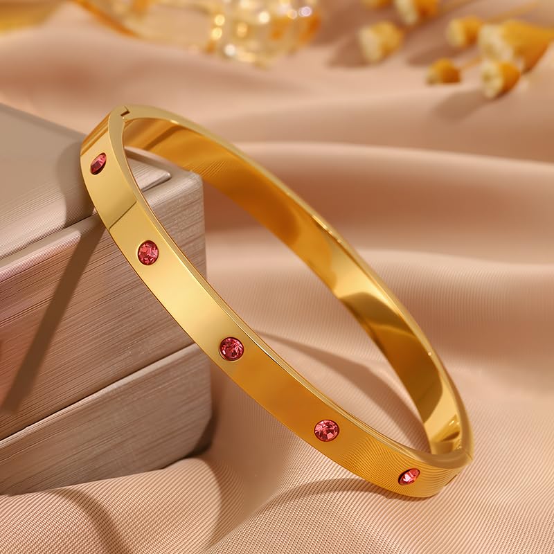 Gold Bangle Bracelet for Women, Stainless Steel Pink Crystal Adjustable Cuff