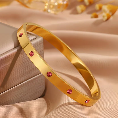Gold Bangle Bracelet for Women, Stainless Steel Pink Crystal Adjustable Cuff