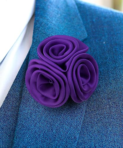 Premium Trio Cluster Flower Lapel Pin - Formal Boutonniere for Men, Flower Brooch Pin - color: Purple