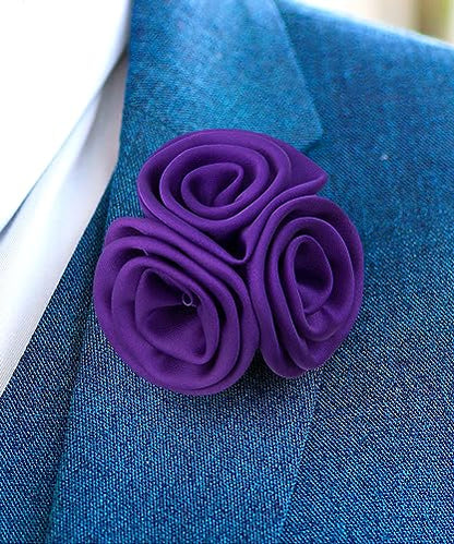 Premium Trio Cluster Flower Lapel Pin - Formal Boutonniere for Men, Flower Brooch Pin - color: Purple