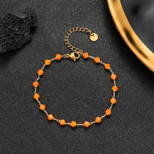Dainty Gold Bracelets for Women, 18 Gold Plated Adjustable Evil Eye/Butterfly/Beaded/Pearl/Heart/Turquoise Handmade Bracelet for Women - style: Orange