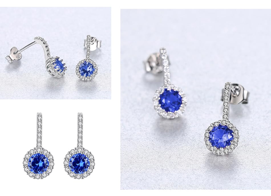 925 Sterling Silver Wedding Jewelry Set for Women - Sapphire Tone Gemstone Pendant Necklace and Stud Earrings with Cubic Zirconia Halo Design - Premium Rhodium Plated Finish - color: Blue