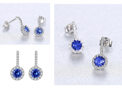 925 Sterling Silver Wedding Jewelry Set for Women - Sapphire Tone Gemstone Pendant Necklace and Stud Earrings with Cubic Zirconia Halo Design - Premium Rhodium Plated Finish - color: Blue