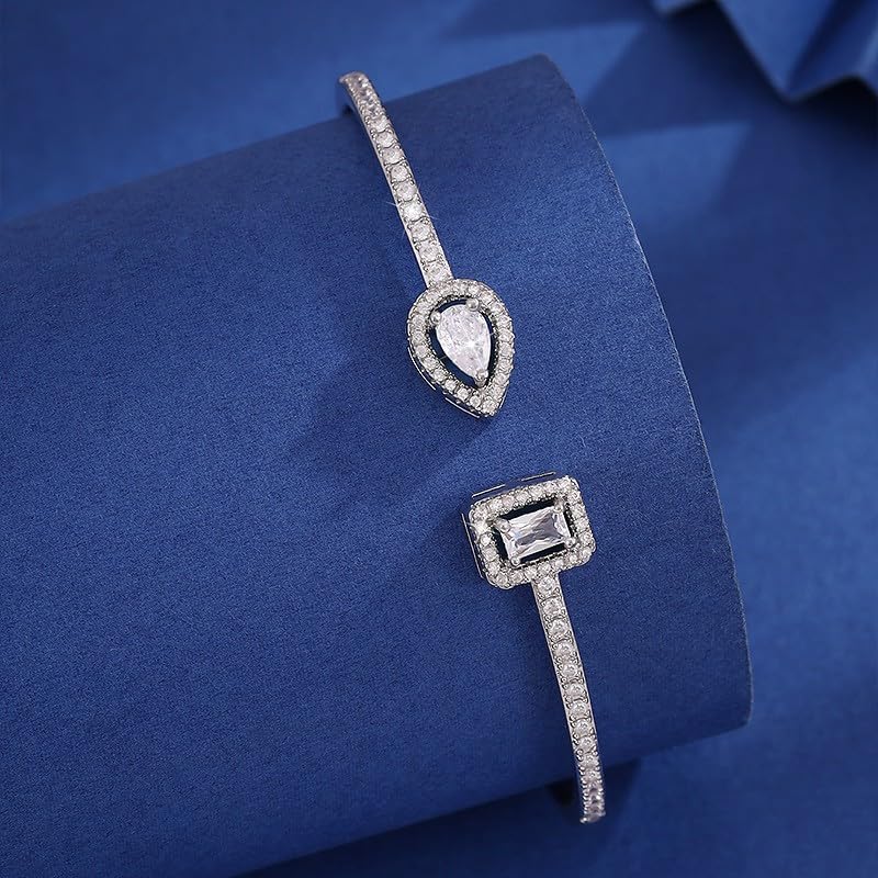 Elegant Versatile Youthful Bracelet, Delicate Water Drop & Square Stone Cuff Bangle for Women - color: Silver-White, size: One Size