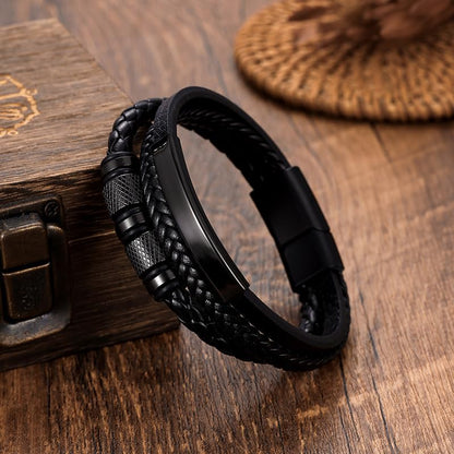 Italian Handmade Leather Bracelets for Men - color: Pure Black, size: 8.2"