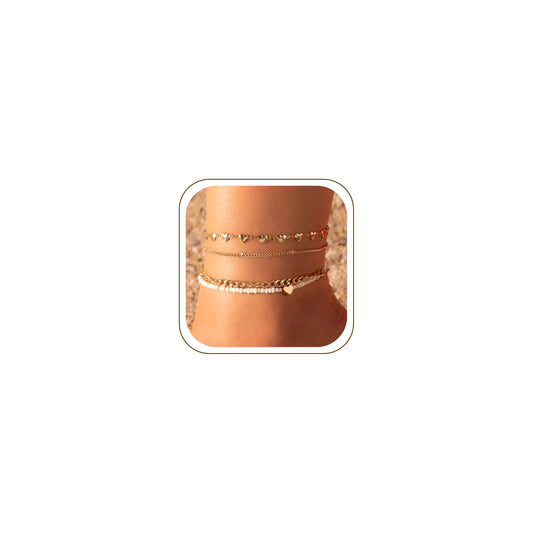 Fesciory Women Heart Anklet Adjustable Beach Layered Ankle Bracelets for Women Gold Alloy Foot Chain Jewelry - color: Gold Heart(4 Pack)