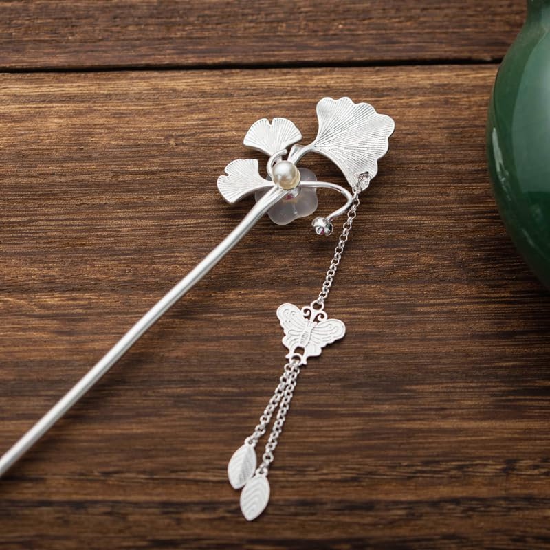 Ginkgo leaf with Jade and Butterfly Tassel S925 Silver Plated Hairpin Chinese Hanfu Style Hair Sticks Hair Clip Hair Accessories for Women(Ginkgo leaf) - color: Ginkgo leaf