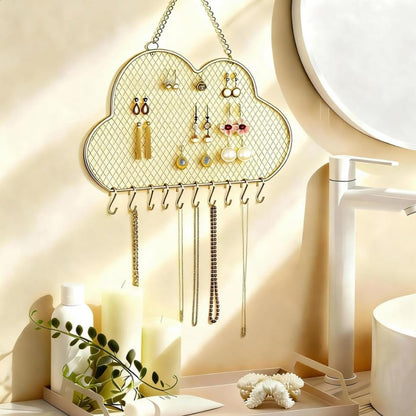 Heshouer Cloud-shaped Earring Wall Holder, Gold | Wall Mounted, 10 Hooks & Small Grid, Hanging Display Stand, For Earrings Necklace, Decorative Bedroom Closet Home Decor - size: Cloud-shaped