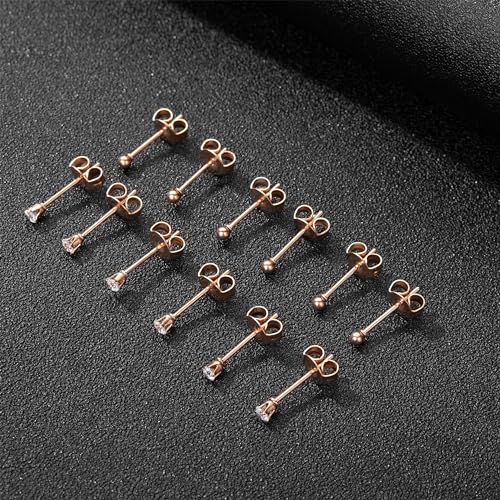 6Pairs 2mm/3mm Surgical Steel Hypoallergenic Piercing Studs, 20G 14K Real Gold Filled Tiny Stud Earrings Set for Multiple Hole Piercing (Cubic Zirconia, Pearl, Ball) - style: M02 : 2MM Rose Gold Ball & CZ, 6 Pairs