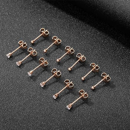 6Pairs 2mm/3mm Surgical Steel Hypoallergenic Piercing Studs, 20G 14K Real Gold Filled Tiny Stud Earrings Set for Multiple Hole Piercing (Cubic Zirconia, Pearl, Ball) - style: M02 : 2MM Rose Gold Ball & CZ, 6 Pairs