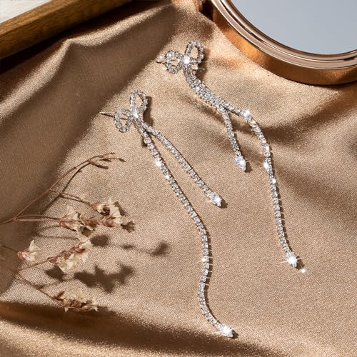 Luxval Rhinestone Earrings Dangling for Women Sparkly Silver Dangle Earrings Girls Long Chandelier Earrings Tassel Lightweight Ear Studs Cubic Zirconia Crystal Statement - color: Silver-CZ Bow
