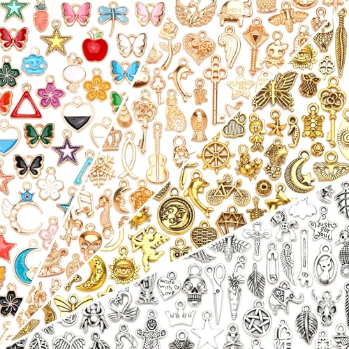 SANNIX 200Pcs Charms for Jewelry Making, Assorted Enamel Charms, Mixed | Antique Gold Tibetan Silver, Jewelry Bangle Charm Pendants, for Bracelet Necklace Earrings Craft Supplies - color: Multicolor+Silver+Gold