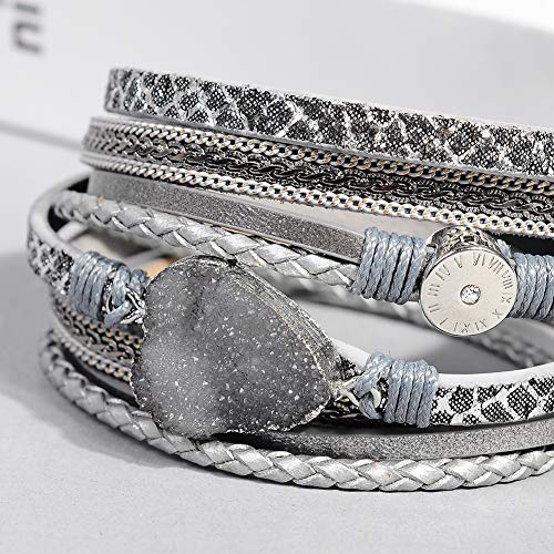 Artilady Leather Wrap Bracelet for Women, Pearl Beaded Bangle Stack Jewelry | Easy on-off, Elegant Handmade Multi-Layered, Daily Casual Date Beach Vacation, Gift for Ladies, Mother, Sister & Friend - style: Grey with druzy