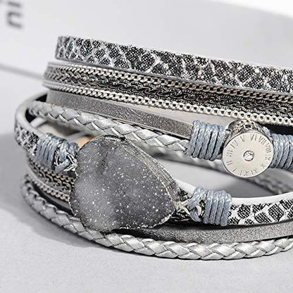 Artilady Leather Wrap Bracelet for Women, Pearl Beaded Bangle Stack Jewelry | Easy on-off, Elegant Handmade Multi-Layered, Daily Casual Date Beach Vacation, Gift for Ladies, Mother, Sister & Friend - style: Grey with druzy