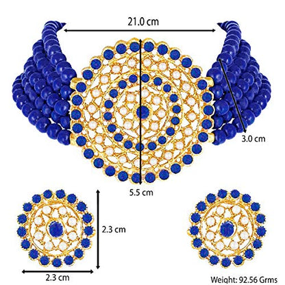 Aheli Pearl Diamond Choker Necklace & Round Earrings Gift for Women Indian Traditional Bollywood Fashion Bharatanatyam jewellery set - color: Blue & White