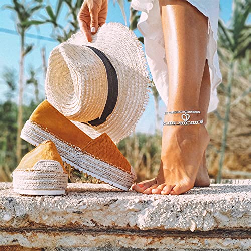 Initial Ankle Bracelets for Women 2pcs 18K Gold Plated Handmade Layered Letter Heart Figaro Chain Flat Mariner Anklets for Women Cute Summer Beach Foot Jewelry - style: Silver-S