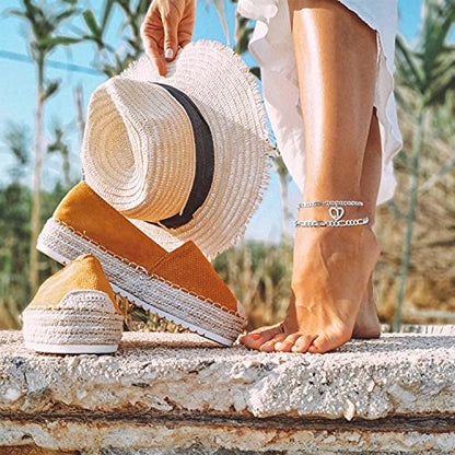 Initial Ankle Bracelets for Women 2pcs 18K Gold Plated Handmade Layered Letter Heart Figaro Chain Flat Mariner Anklets for Women Cute Summer Beach Foot Jewelry - style: Silver-F