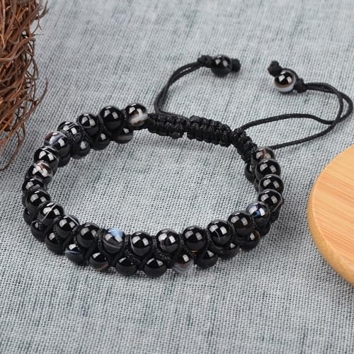 MASSIVE BEADS Double Layer Natural Chakra Healing Power Crystals Macrame Bracelet Yoga Stone Beads Gemstone Meditation Relax Anxiety Bangle for Unisex Women Men - color: Evil Eye Agate, size: 4mm