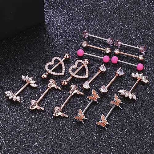 Besteel 8 Pairs Nipple Rings 14G Stainless Steel Nipplerings CZ Heart Butterfly Ball Tongue Barbell Rings Retainer Body Piercing Jewelry for Women