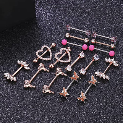 Besteel 8 Pairs Nipple Rings 14G Stainless Steel Nipplerings CZ Heart Butterfly Ball Tongue Barbell Rings Retainer Body Piercing Jewelry for Women