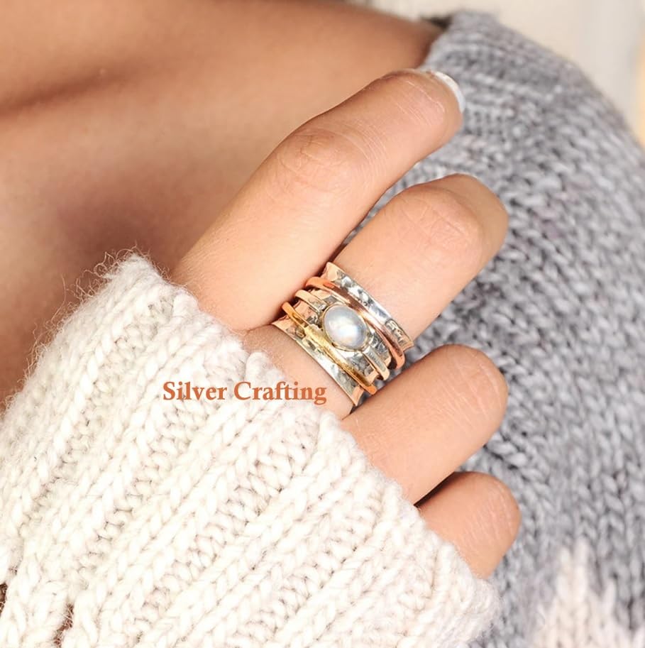 925 Sterling Silver Spinner Moonstone Ring for Women with Three Tone Fidget Rings Hammered Band Anxiety Free Meditation Ring Best Gift