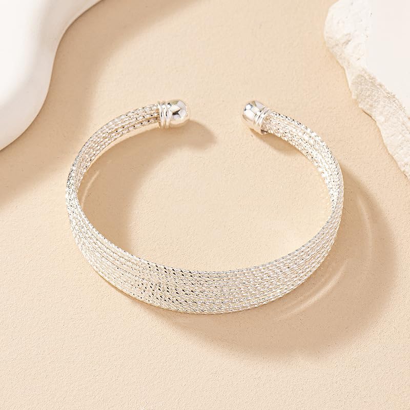 925 Sterling Silver Bracelet Plated Cuff Bangle Bracelet Fashionable Multi-layer Cross Wire Bangle Bracelet Open Adjustable Wide Cuff Bracelet for Teen Girls Fashion Jewelry - color: silver C