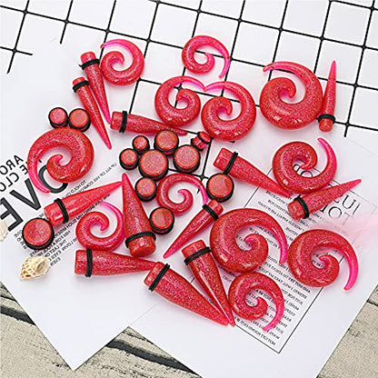 Qmcandy 00G-20mm Ear Stretching Kit 36PCS Big Gauge Taper Kit Large Acrylic Tunnel Plug Spiral Set - color: 36pcs, Glitter Pink