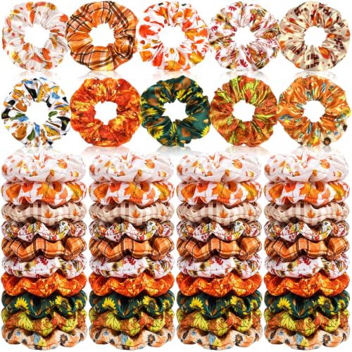 80 Pcs Fall Satin Hair Scrunchies for Women Girls Autumn Thanksgiving Pumpkin Maple Leaves Hair Ties Turkey Elastic Bands Bulk for Autumn Harvest Party Favors Gift Accessories - style: Fall
