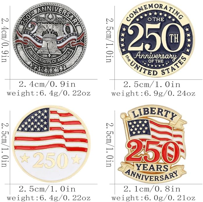 4Pack USA 250th Anniversary Pins, 250th Merchandise - Alloy Metal Enamel Patriotic Lapel Pin for July 4th, Independence Day, Semiquincentennial Commemorative Badges for Men Women, Hats, Bags, Gifts