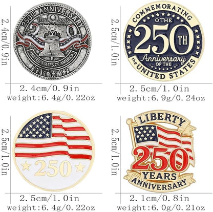 4Pack USA 250th Anniversary Pins, 250th Merchandise - Alloy Metal Enamel Patriotic Lapel Pin for July 4th, Independence Day, Semiquincentennial Commemorative Badges for Men Women, Hats, Bags, Gifts