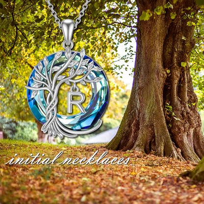 TOUPOP Gifts for Women Tree of Life Initial Necklace 925 Sterling Silver Letter Pendant with Blue Crystal Birthday Jewelry Gifts for Women Her Mom Wife Daughter - color: Tree of Life R Initial