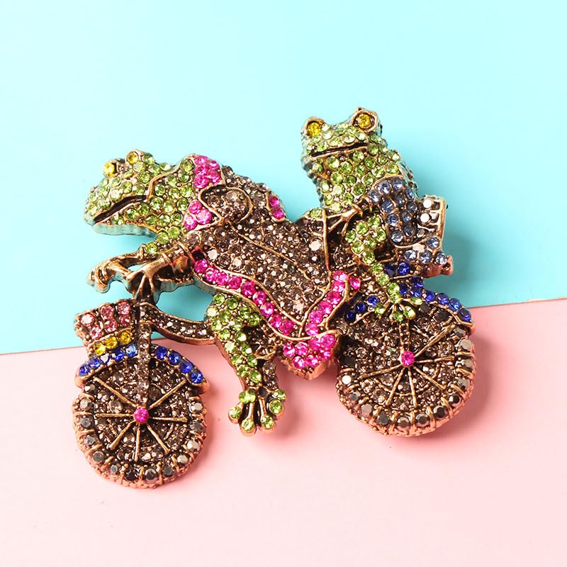2Pcs Two Frogs Riding Bike Brooch Vintage-Inspired Sparkling Rhinestone Animal Brooch Pin Fashion Accessory
