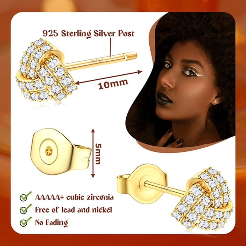 SAILIMUE Hypoallergenic Sterling Silver Stud Earrings for Women Men | Brilliant Heart Knot Round Cubic Zirconia Earring Studs for Sensitive Ears Gold Silver Tone - color: gold-C
