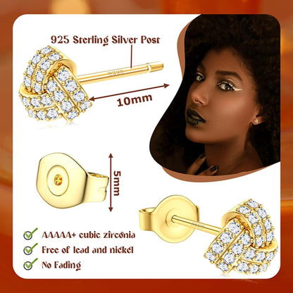 SAILIMUE Hypoallergenic Sterling Silver Stud Earrings for Women Men | Brilliant Heart Knot Round Cubic Zirconia Earring Studs for Sensitive Ears Gold Silver Tone - color: gold-C