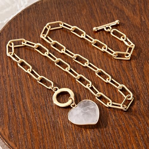 14K Gold Plated Two Sides Carved Stone Heart Shape Necklace for Women Love Pendant Necklace Jewelry for Daily and Gifts - color: pink quartz