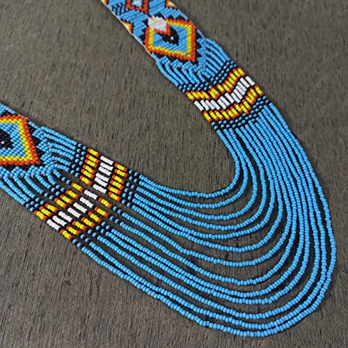 Weavish Layered Beaded Necklace – Boho Native Handmade Seed Bead Tassel Necklace, Bohemian Large Statement Beaded Necklace for Women - color: Blue