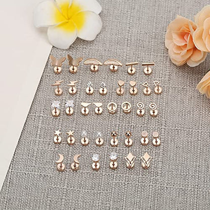 MJust 18 Pairs Earrings Set – Flat Back Stud Hypoallergenic 20G Steel stud | 18 Pairs Flat Back Earrings Set – Hypoallergenic 316L Steel Studs for Cartilage & Lobe Piercings - color: Rose Golden