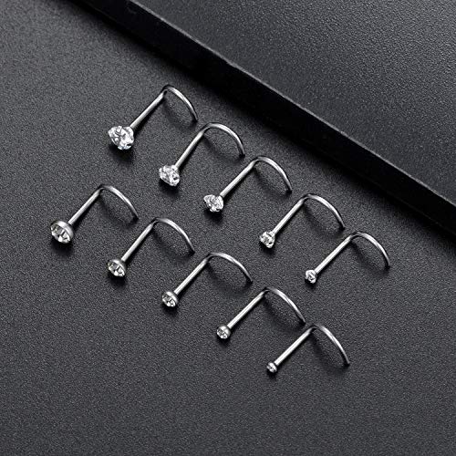20G 10Pcs Stainless Steel L Screw Bone Shaped Nose Studs Rings Square Round CZ Nose Ring Labret Nose Piercing Jewelry for Men Women Silver Tone 1.5mm-2mm-2.5mm-3mm-3.5mm CZ - style: B:10Pcs,S Shaped