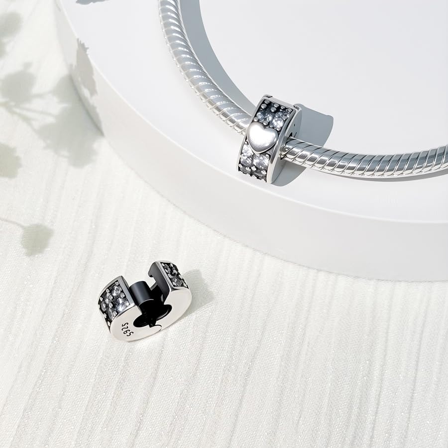925 Sterling Silver Openable Clip Spacer Bead Fits Pandora Bracelet | Hypoallergenic Clip Stopper Charm, Star Clover Butterfly Floral Mom Heart Paved Zircon Gift for DIY Charm Bracelet Jewelry - color: Heart