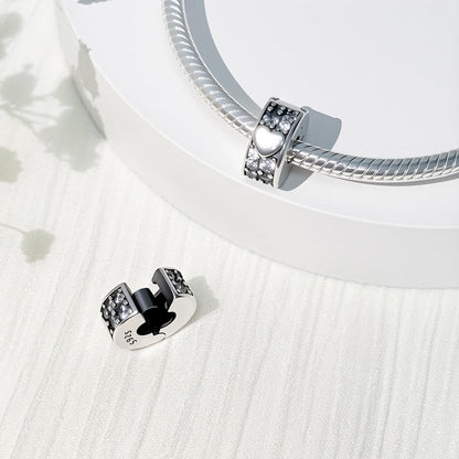 925 Sterling Silver Openable Clip Spacer Bead Fits Pandora Bracelet | Hypoallergenic Clip Stopper Charm, Star Clover Butterfly Floral Mom Heart Paved Zircon Gift for DIY Charm Bracelet Jewelry - color: Heart