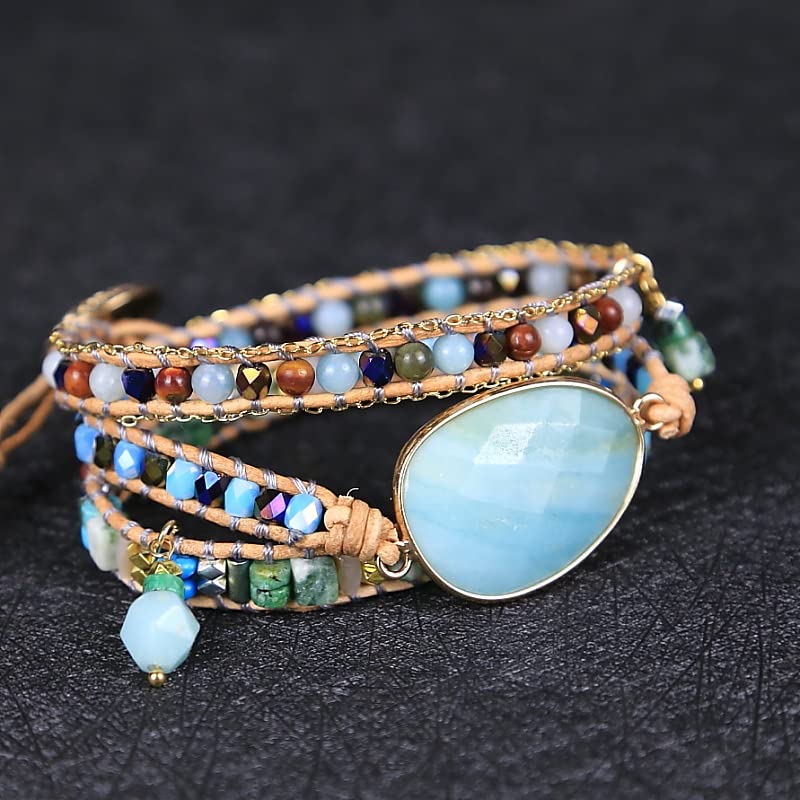 Women Wrap Bracelet Boho Natural Jasper Crystal Stone Beads Strand Bracelets - color: Style 16-Amazonite