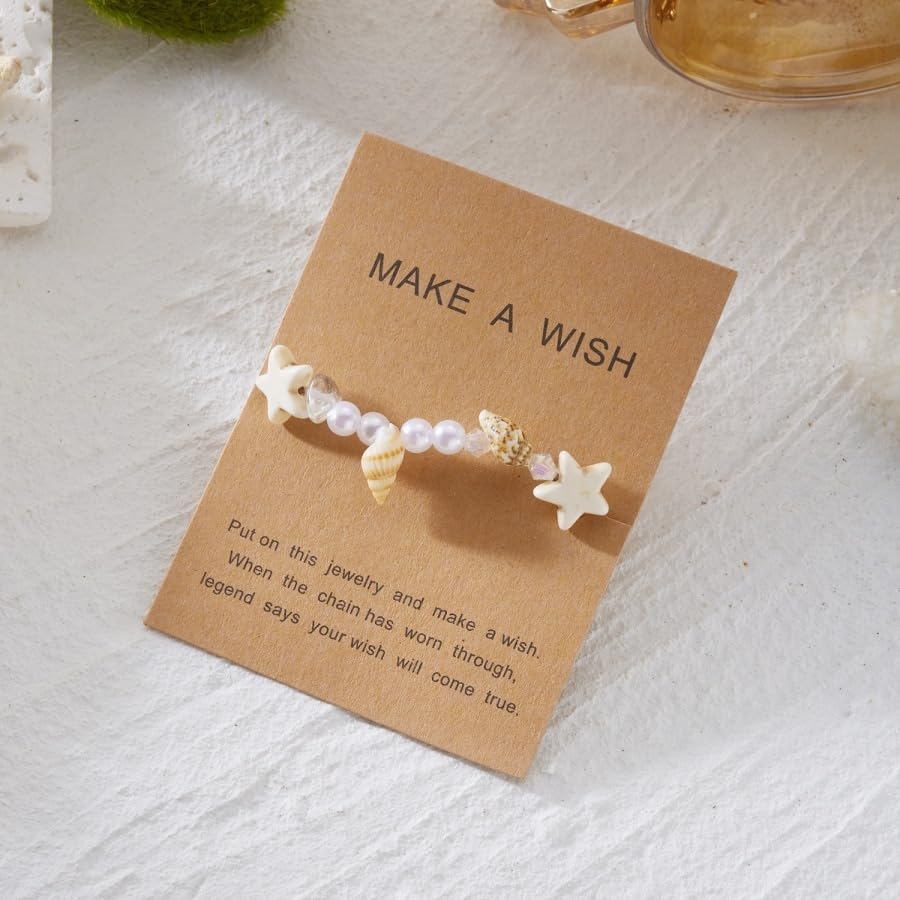Handmade Natural Shell Starfish Beads Bracelets with a Wish Card Bohemia Sweet Seashell Conch Pearl Charm Bracelets for Women Boho Sea Themed Summer Beach Surfer Vacation Jewelry Gifts - style: StyleI