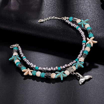 Softones Blue Starfish Turtle Anklet Multilayer Charm Beads Sea Handmade Boho Anklet Foot Jewelry for Women - style: N:Tail